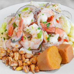 The Chicken Shack - Fresh fish, jumbo shrimp, cancha, Peruvian corn, onions, Peruvian ceviche mixto, ceviche mixto