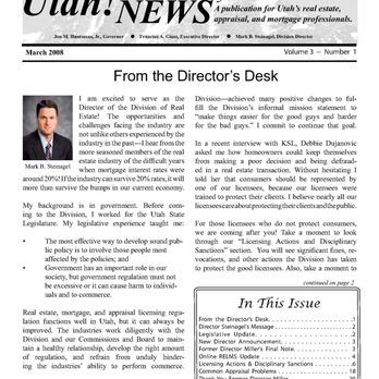 Leo Kanell - March 2008 Utah Division of Real Estate News front page - Business Consulting Near Me - Bluffdale, Utah Leo Kanell - March 2008 Utah Division of Real Estate News front page - Business Consulting Near Me - Bluffdale, Utah
