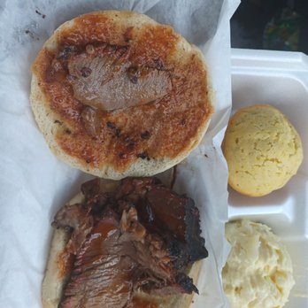 Black's Barbecue Lockhart - Beef brisket sandwich, potato salad and a jalepeno corn muffin - Barbeque Near Me - Lockhart, Texas