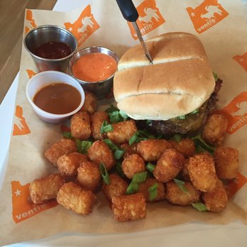 Venti's Cafe + Basement Bar - the Thai Peanut sauce burger w/bacon & spicy tots, get outta here!! - New American Near Me - Salem, Oregon Venti's Cafe + Basement Bar - the Thai Peanut sauce burger w/bacon & spicy tots, get outta here!! - New American Near Me - Salem, Oregon
