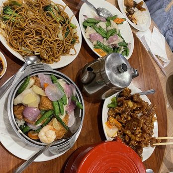 D & Y Chinese - Left to right, vegetable lo mien, seafood tofu hotpot, sweet and sour pork chops and fish with snap peas - Chinese Near Me - Glendale, Arizona