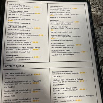 Lina's Lounge - The menu displays a variety of craft beers, seltzers, and canned beverages, including IPAs, lagers, and fruit beers, with detailed descriptions, alcohol by volume percentages, and prices. It is divided into sections for draft beers and bottles & cans, with options from local and national breweries. - Sports Bars Near Me - Dubuque, Iowa