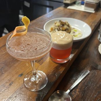 Homestead - Drink L-R: "Feather Duster Crusta" & "Chai Noon." Food: Butternut squash tapa. - New American Near Me - Northampton, Massachusetts