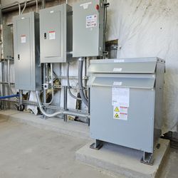 Giderdon Electrical Services - New electrical system install including electrical safety disconnect, electrical transformer and panels on concrete pad with rack