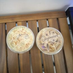 banana matcha (left), vanilla latte (right) banana matcha (left), vanilla latte (right)