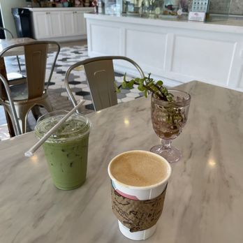 Dots Cafe - Iced Matcha Latte with Oatmilk and Hot Latte with Almondmilk - Cafes Near Me - Pasadena, California