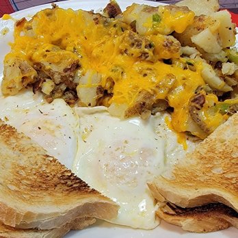 Moab Diner - My #5: Sweetwater potatoes (fried skin-on potatoes, onions, peppers, and bacon), a couple of eggs over easy, and sourdough toast - Diners Near Me - Moab, Utah
