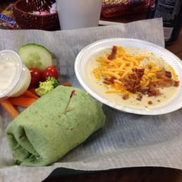 Roasted garlic potato soup and 1/2 spinach wrap tuna sandwich Roasted garlic potato soup and 1/2 spinach wrap tuna sandwich