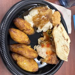 Hummus & Naan Bread, chicken, plantains, Mashed Potatoes with gravy, hot sauce Hummus & Naan Bread, chicken, plantains, Mashed Potatoes with gravy, hot sauce
