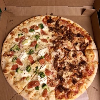 King's Pizza - Large pizza - half white with fresh garlic, ricotta, tomato, & broccoli and the other half regular with sausage. AMAZING!! - Pizza Near Me - Walkersville, Maryland