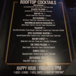 Happy hour Friday 5-7pm great cocktails great music a vibe!