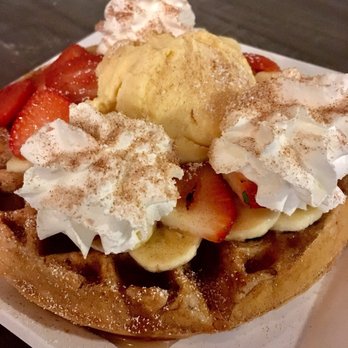 Roots Cafe - Churro waffle with banana and strawberry. - Cafes Near Me - Cerritos, California