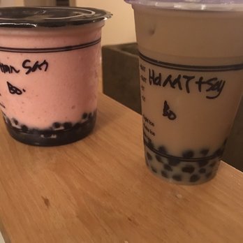 Mr. T Cafe - Left: large strawberry smoothie with boba. Right: honey milk tea with boba. - Coffee & Tea Near Me - San Francisco, California Mr. T Cafe - Left: large strawberry smoothie with boba. Right: honey milk tea with boba. - Coffee & Tea Near Me - San Francisco, California