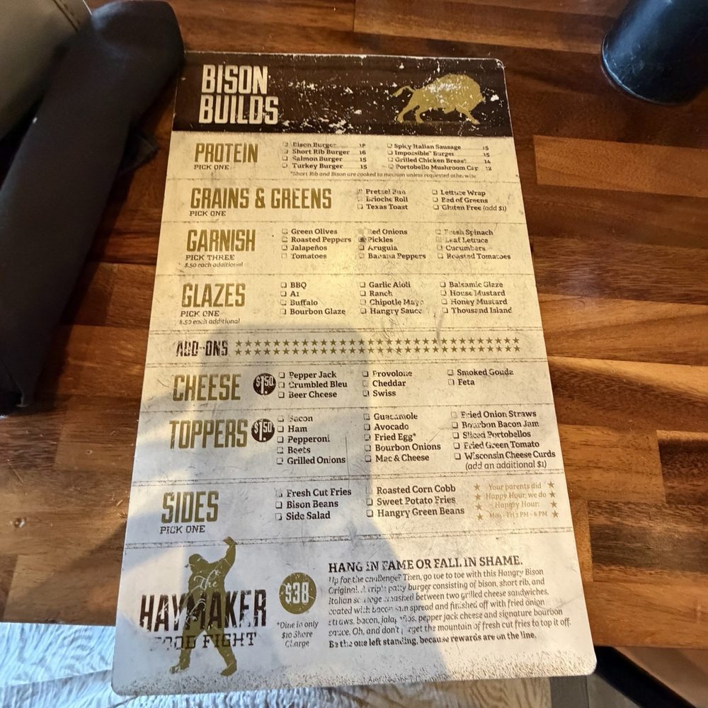The Hangry Bison - Menu and they give you a pen to circle what you would like to eat. That's pretty cool. - Burgers Near Me - Winter Garden, Florida
