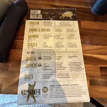 The Hangry Bison - Menu and they give you a pen to circle what you would like to eat. That's pretty cool. - Burgers Near Me - Winter Garden, Florida The Hangry Bison - Menu and they give you a pen to circle what you would like to eat. That's pretty cool. - Burgers Near Me - Winter Garden, Florida