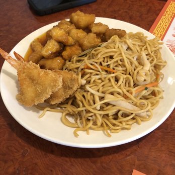 New Ocean Chinese Restaurant - #7 lunch special orange chicken. Lo mein and fried shrimps - Chinese Near Me - Santa Maria, California