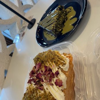 Haraz Coffee House Pflugerville - Rose milk cake (avoid!) and pistachio mosaic cake - Coffee & Tea Near Me - Pflugerville, Texas