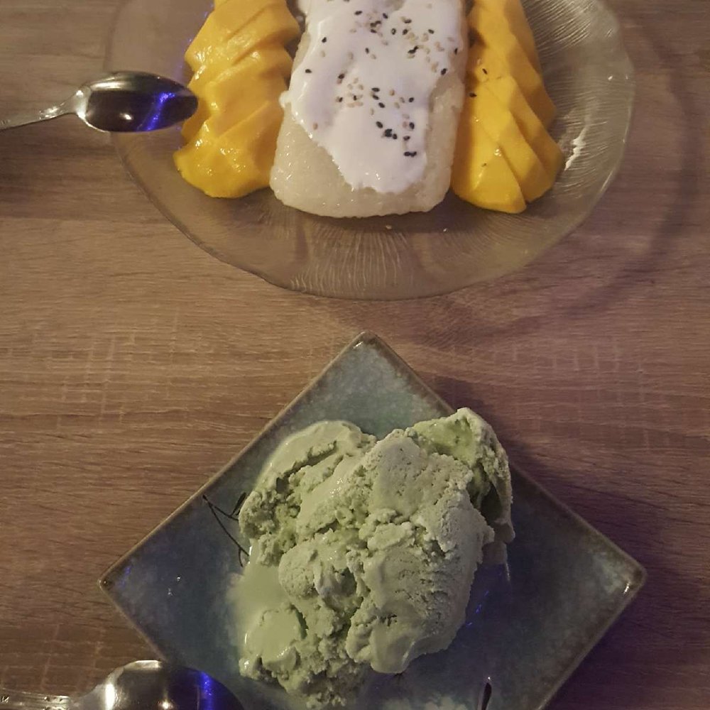 Bangkok West - Mango rice and green tea ice cream - Thai Near Me - Aptos, California Bangkok West - Mango rice and green tea ice cream - Thai Near Me - Aptos, California