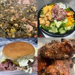 Roy’s Nutz & Buttz - Collard greens, salad with pulled pork, pulled pork sandwich topped with pickles & coleslaw, smoked then fried wings