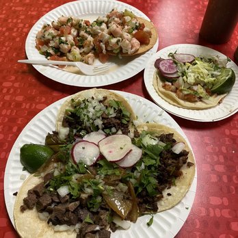 El Taco Maestro 2 - Shrimp Ceviche $3 each (away) Camaron Taco $4.30 (side) Carne Asada Taco $2.50 each (center) and Lengua Taco $2.75 (bottom) 05/14/2022 - Mexican Near Me - Auburn, Washington