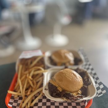 Lunch Bang - OK Smash Burgers: sauce, pickles, grilled onions & cheese + Fries (extra crispy) | (S)$6, (D)$9 + $4 - Korean Near Me - Santa Ana, California Lunch Bang - OK Smash Burgers: sauce, pickles, grilled onions & cheese + Fries (extra crispy) | (S)$6, (D)$9 + $4 - Korean Near Me - Santa Ana, California