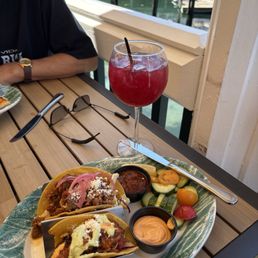 Fish and steak taco, ginger and juice