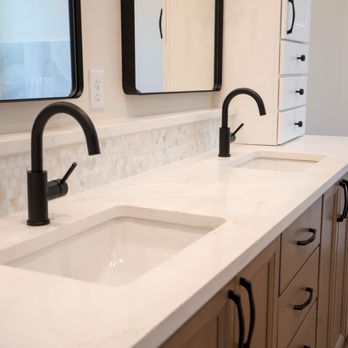 Quartz Impressions - Luxurious double sink vanity in Taj Mahal Quartzite - Countertop Installation Near Me - Elkhart, Iowa Quartz Impressions - Luxurious double sink vanity in Taj Mahal Quartzite - Countertop Installation Near Me - Elkhart, Iowa