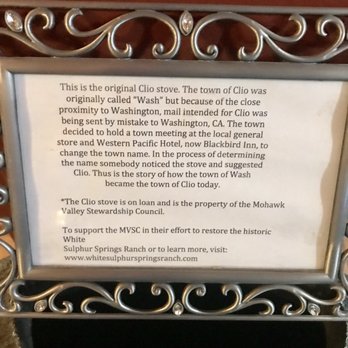 Ricochet Cafe - Plaque inside above their stove. How The town of Clio got its name! - New American Near Me - Blairsden, California Ricochet Cafe - Plaque inside above their stove. How The town of Clio got its name! - New American Near Me - Blairsden, California