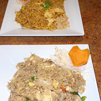 Numprik Thai Lao - Half and half pad Thai, with chicken level four(in the back) & basil fried rice with chicken level three( in the front)! - Thai Near Me - Monroe, Ohio Numprik Thai Lao - Half and half pad Thai, with chicken level four(in the back) & basil fried rice with chicken level three( in the front)! - Thai Near Me - Monroe, Ohio