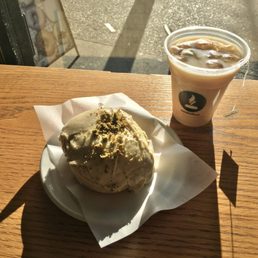 Pistachio donut, iced London fog Pistachio donut, iced London fog