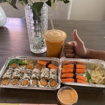 Sushi Island - The entire spread. Sushi  rolls w/ pickled ginger, Crab Sticks w/ pickled ginger and Thai Ice Tea w/ a side of Spicy Mayo. - Sushi Bars Near Me - Elmhurst, New York
