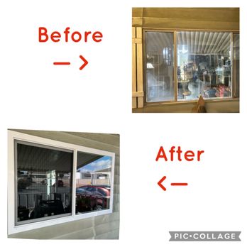 Vinyl Window Broker - View of the front window of my mobilehome. My window went from a "3-panel" to a "2-panel" window! - Windows Installation Near Me - Tustin, California Vinyl Window Broker - View of the front window of my mobilehome. My window went from a "3-panel" to a "2-panel" window! - Windows Installation Near Me - Tustin, California