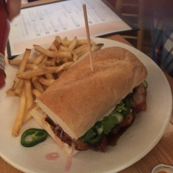 Restaurant at Smuttynose - Crispy Pork Belly Sandwich with fries - New American Near Me - Hampton, New Hampshire