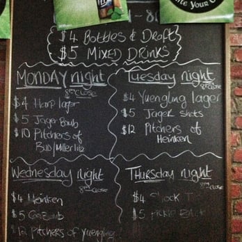 Triona's - Specials (what's cut off on the top is M-F 1-8; what's erased on the bottom of Thursdays is $10 pitchers of something) - Sports Bars Near Me - New York, New York Triona's - Specials (what's cut off on the top is M-F 1-8; what's erased on the bottom of Thursdays is $10 pitchers of something) - Sports Bars Near Me - New York, New York