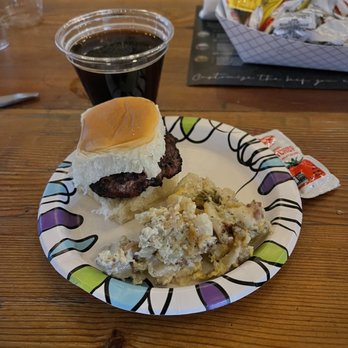 Oak Highlands Brewery - Dry Aged Black Angus Slider w/twice baked potato salad paired with Chump Change - Beer Gardens Near Me - Richardson, Texas Oak Highlands Brewery - Dry Aged Black Angus Slider w/twice baked potato salad paired with Chump Change - Beer Gardens Near Me - Richardson, Texas