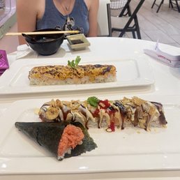 Spicy tuna hand roll, Miso Soup,  Spicy Creamy Salmon Appetizer, Magical Special Roll