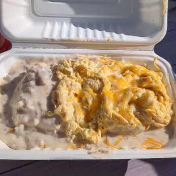 Beachin’ Biscuits - Biscuits and gravy with scrambled eggs and cheese. - Breakfast & Brunch Near Me - Pismo Beach, California Beachin’ Biscuits - Biscuits and gravy with scrambled eggs and cheese. - Breakfast & Brunch Near Me - Pismo Beach, California