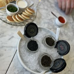The Caviar Co. Tiburon Champagne Lounge - The Emerald flight consisting of Hackleback, Royal White Sturgeon, Osetra