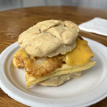 Sweet Trail Cafe - a biscuit sandwich on a plate - Coffee & Tea Near Me - Bloomfield, New Jersey