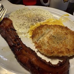 Little Five Points Diner - Eggs over medium, potato cake, bacon.