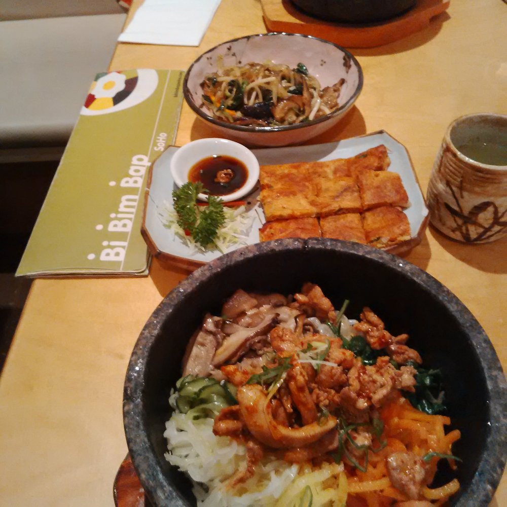 Mixed vegetables starter, kimchi pancake and chicken bimbimbap