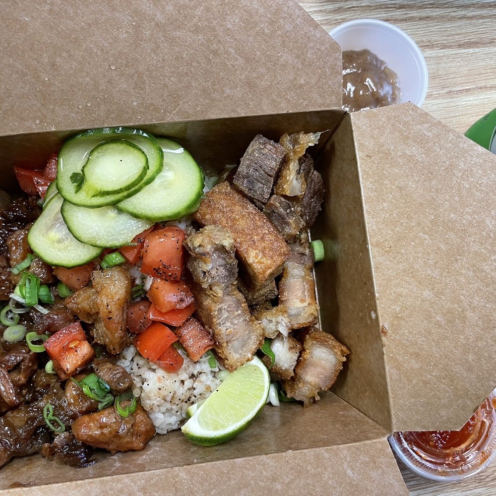 Maymar Filipino Restaurant - Garlic rice base with lechon kawali and tocino - Filipino Near Me - Chesapeake, Virginia