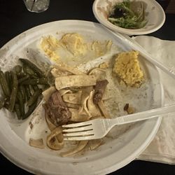 Dayton Dinner Theater - Very over salted green beans, corn casserole, cheesy scalloped potatoes and beef and noodles.
