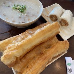 porridge , fried crullers, fwan tuan. porridge , fried crullers, fwan tuan.