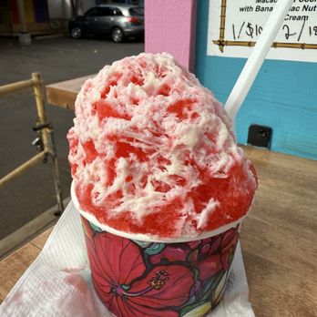 Tiki’s Shave Ice - Small strawberry with ice cream scoop and condensed milk. - Shaved Ice Near Me - Kihei, Hawaii