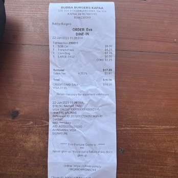 Bubba Burgers - Receipt - Burgers Near Me - Kapaa, Hawaii
