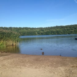 Norrvikensjön - Den lilla sandstranden med badbryggan i skuggan utanför.