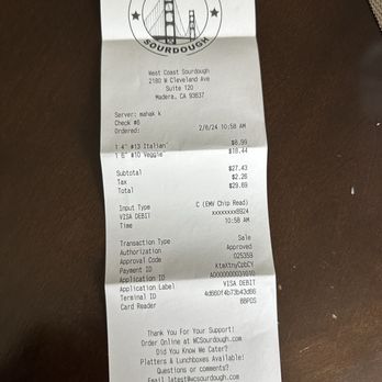 West Coast Sourdough - Madera - Receipt for my order - Soup Near Me - Madera, California West Coast Sourdough - Madera - Receipt for my order - Soup Near Me - Madera, California