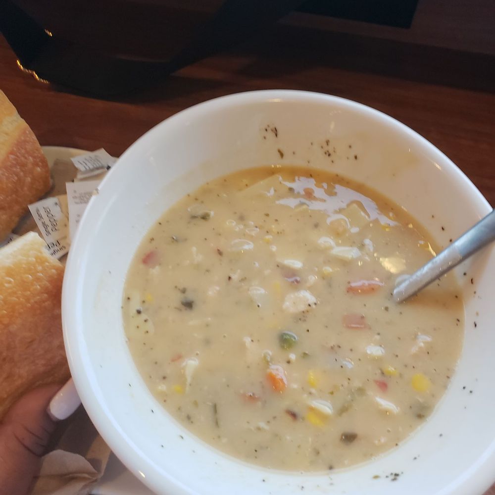 Panera Bread - 1/2 chicken noodle 1/2 summer corn chowder (the wild rice and chicken was awful today) - Salad Near Me - Valley Stream, New York Panera Bread - 1/2 chicken noodle 1/2 summer corn chowder (the wild rice and chicken was awful today) - Salad Near Me - Valley Stream, New York