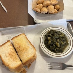 Danny's Bar-B-Que - Chopped pork sandwich with collard greens and corn bites.